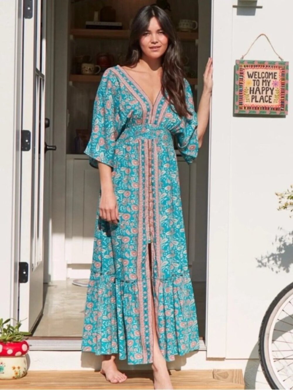 Natural Life Floral Tiered Maxi Dress Smocked Boho Festival Cottagecore Small